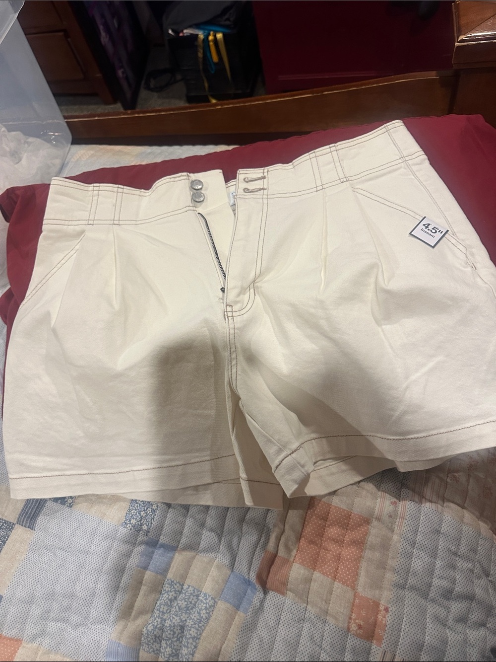 Time and Tru Cream High-Waist Pleated Shorts